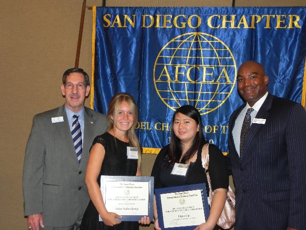 SAN DIEGO—Chapter Education Chair Pat Kelly (far l) and Chapter President Benito Hobson (far r) present scholarships to Ashley Sprigg (center l) and Linjue Cao (center r) in June.
